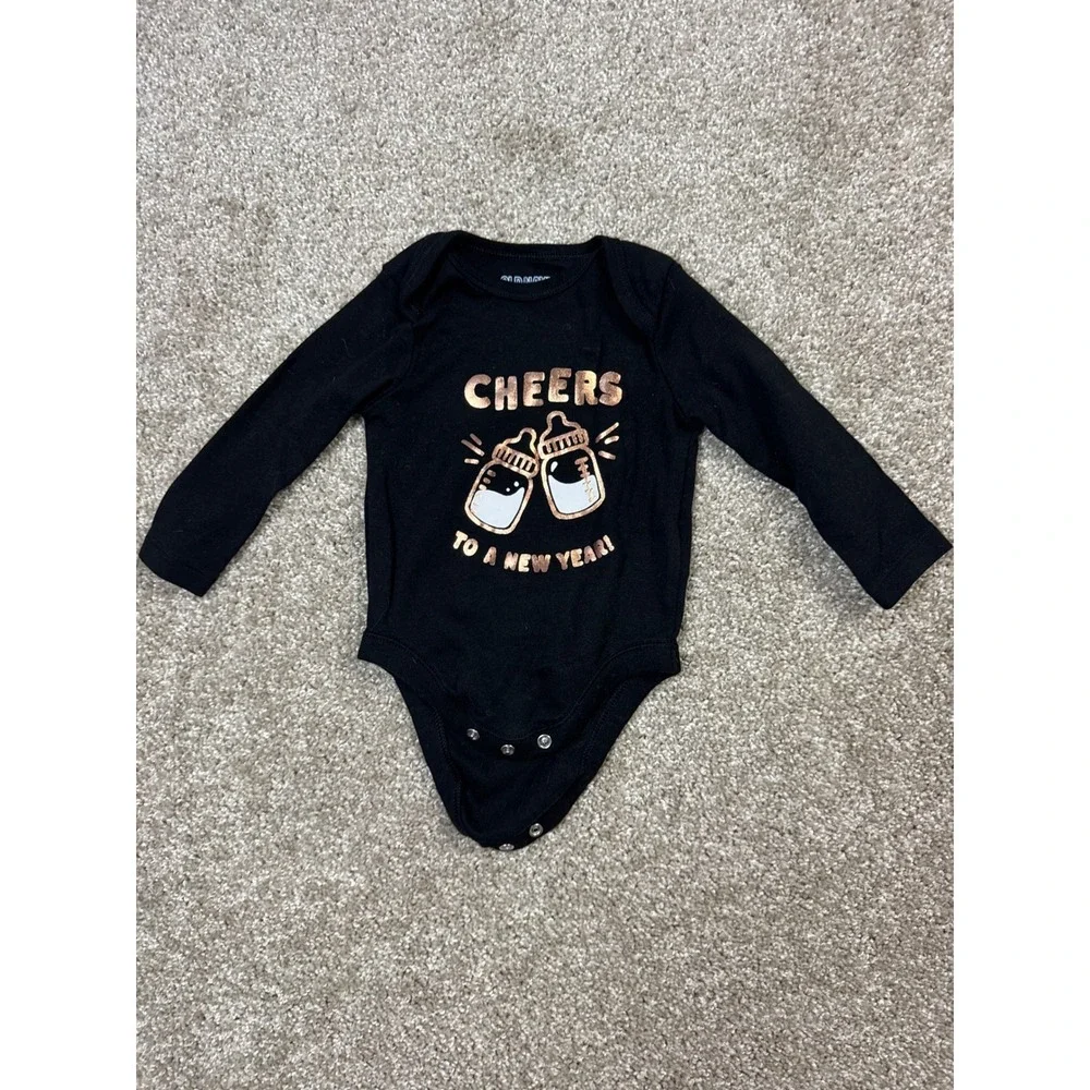 Old Navy Baby Cheers to a New Year Bodysuit Black Rose Gold 3-6M Long Sleeve